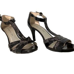 Anne Klein Patent Black and Snake Print Strappy High Heels Sandals Size 10